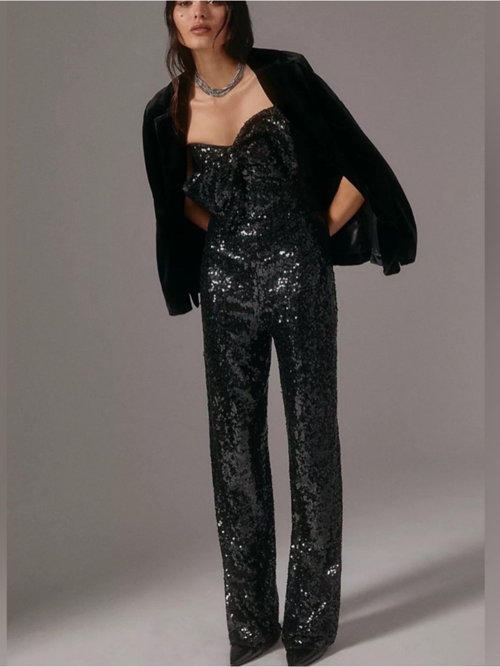 NWT Hutch Anthropologie Strapless Black Sequin Bow Jumpsuit - Size 0